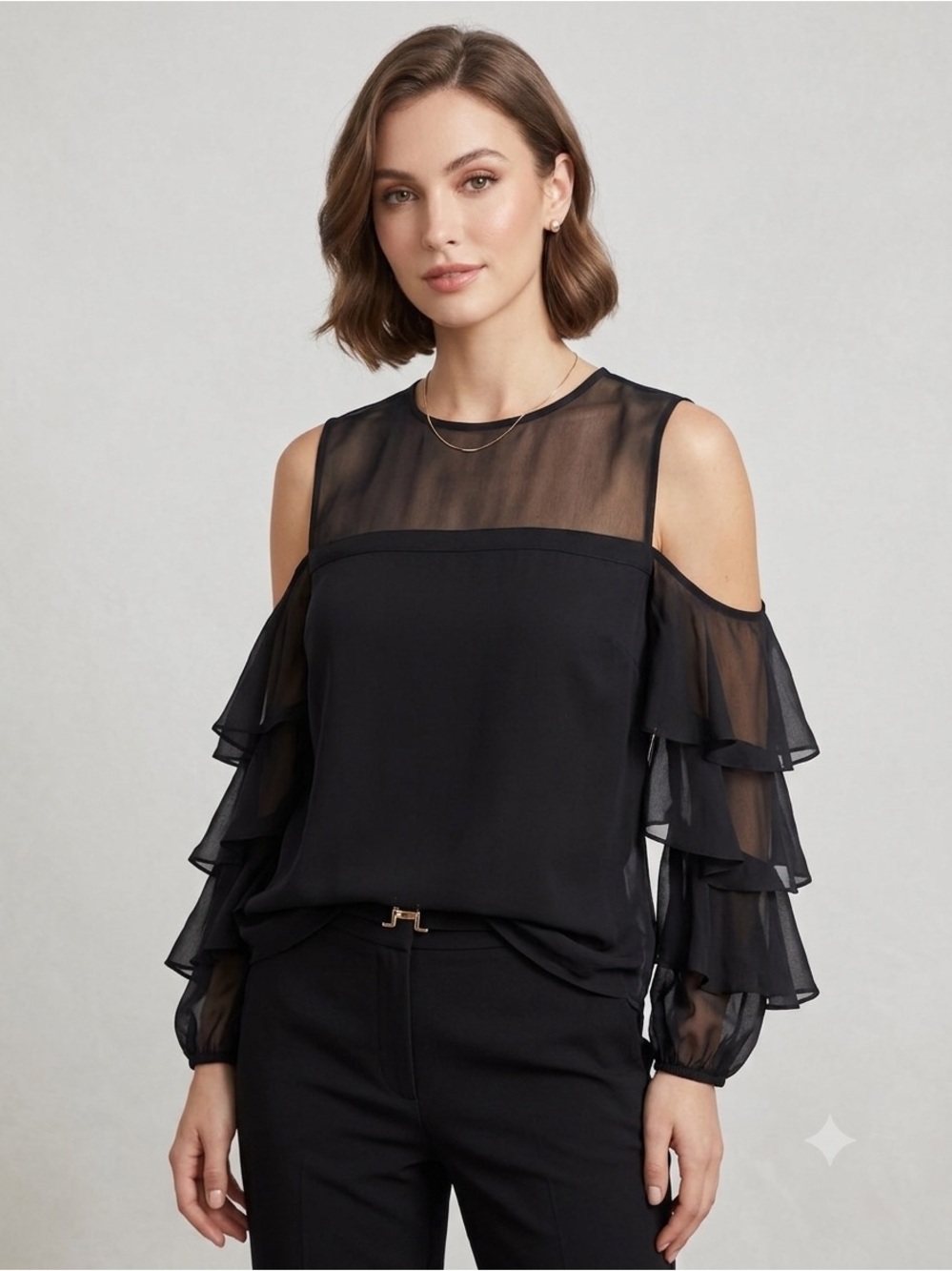 H&M Black Cold-Shoulder Ruffle Sleeve Blouse SIZE 6